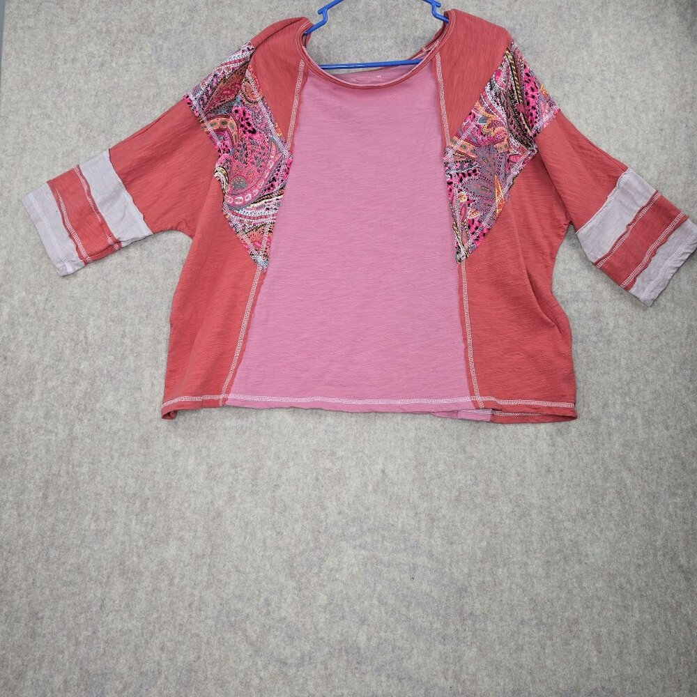 Shein Oversized Top Pink & Coral Colorblock With Paisley Boho Print Cotton Blend